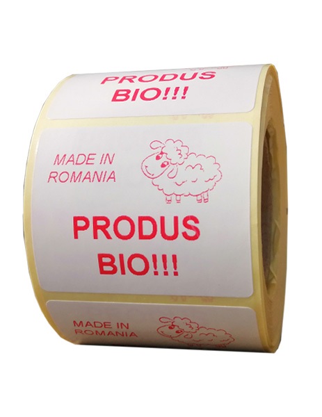 Role personalizate de etichete albe cu text rosu, 50x40mm, 1000 etichete rola - produse bio