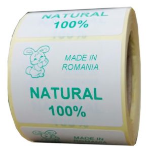 Role personalizate de etichete albe cu text verde, 50x40mm, 1000 etichete rola - suta la suta natural