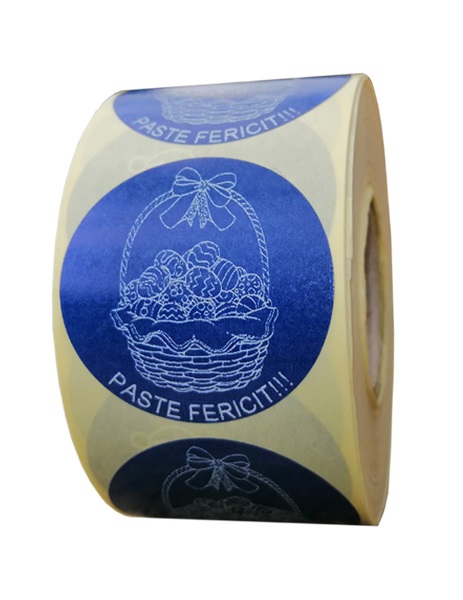 Role personalizate de etichete rotunde albastru navy cu text alb, 50mm 1000 etichete in rola - Paste