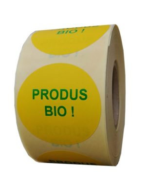 Role personalizate de etichete rotunde galbene cu text verde, 50mm, 1000 etichete in rola - produse bio