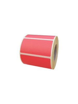 O poza cu o rola de etichete rosii termice autoadezive de dimensiuni 50x25 mm, cu 500 etichete. Etichetele sunt rosii, cu un adeziv permanent.