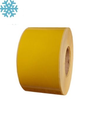O poză cu o rolă de etichete termice galbene autoadezive de dimensiuni 58x93mm, cu 500 etichete. Etichetele sunt galbene, cu un adeziv pentru congelator